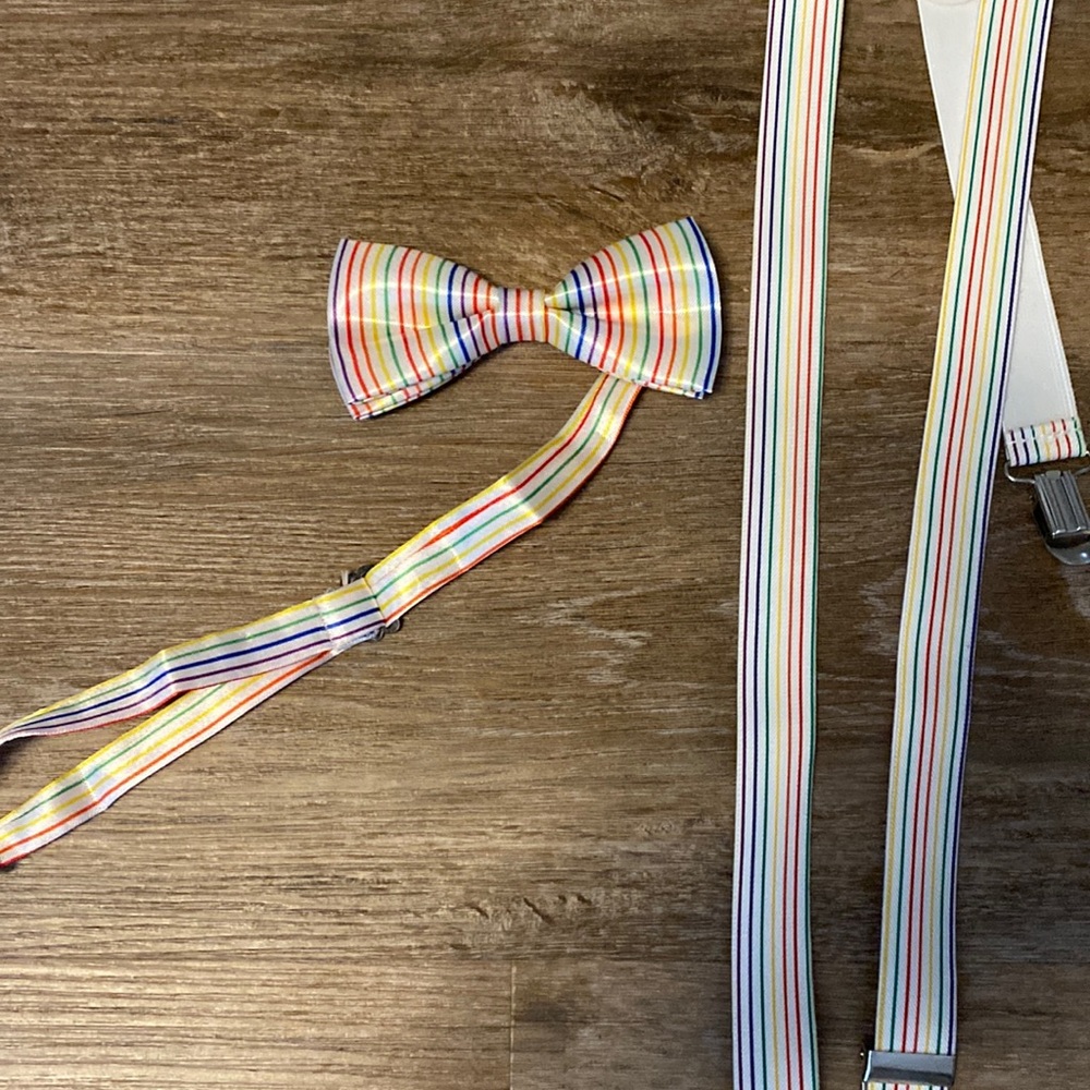 Rainbow striped bow tie and suspenders